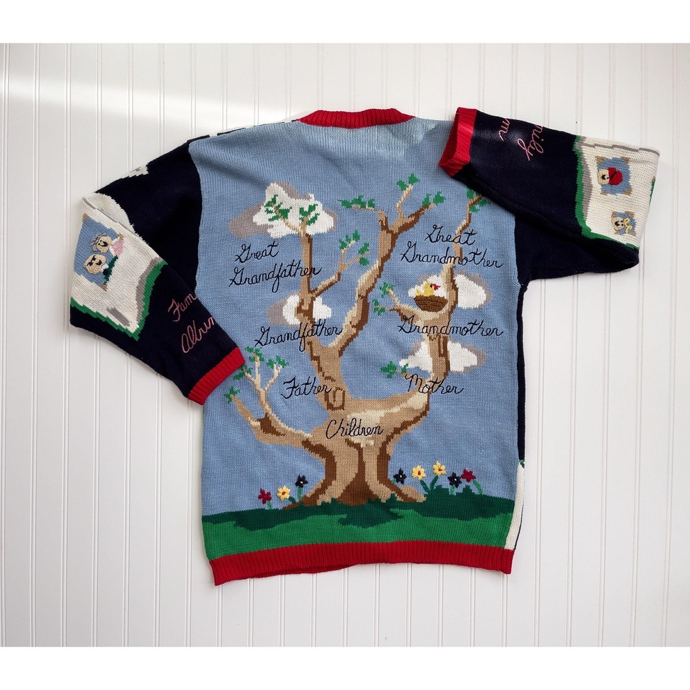vtg Eagles Eye family tree genealogy‎ novelty hand knit cardigan sweater